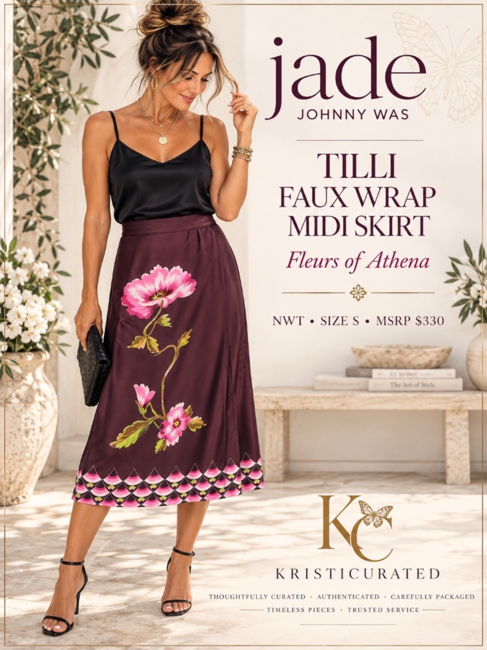 Jade Johnny Was Tilli Faux Wrap Midi Skirt Fleurs of Athena Silk NWT S